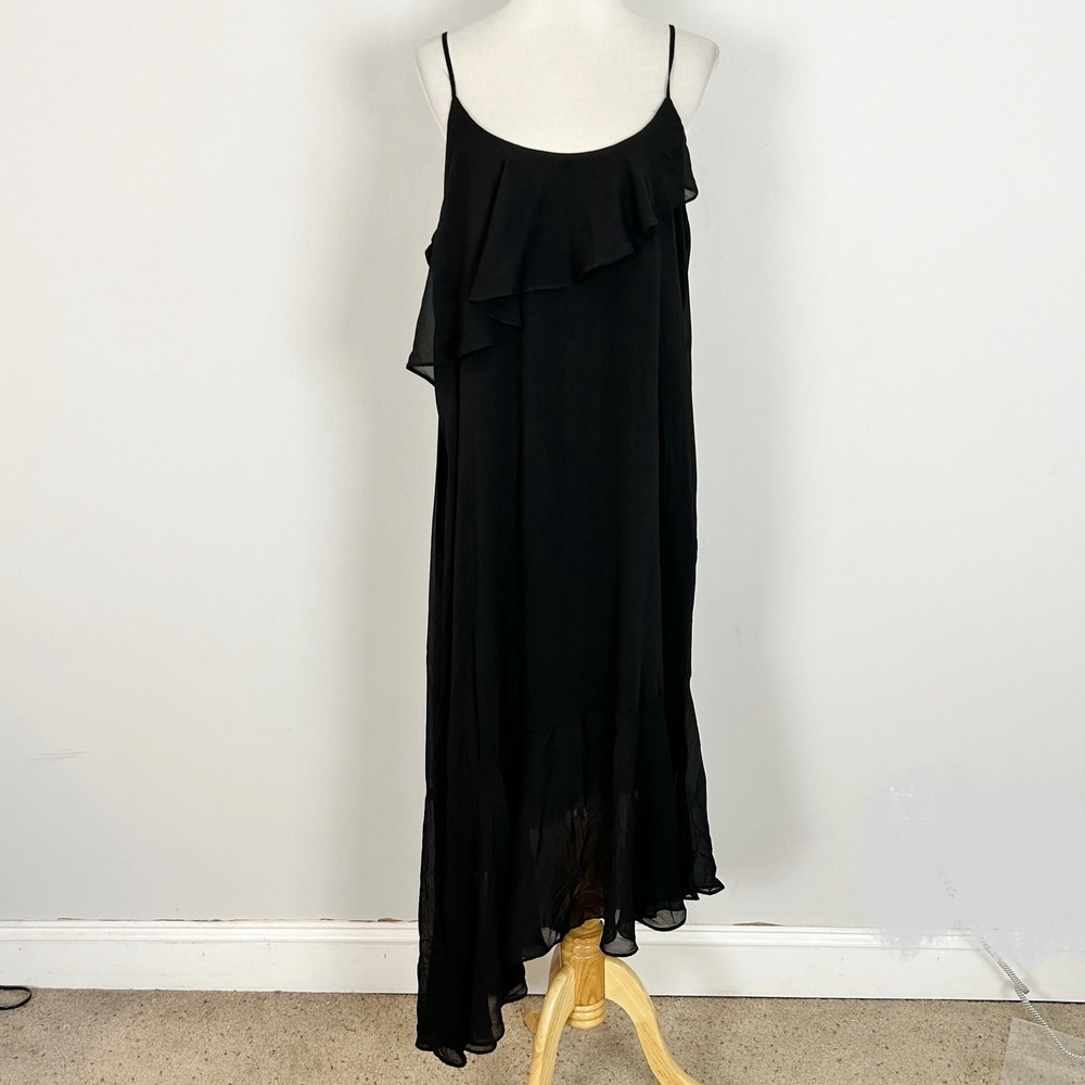 Xhilaration Black Ruffle Asymmetrical Midi Dress Y2K XL Tassel Tie Back